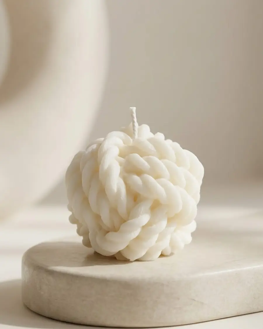 Ivory candle shaped like a knotted ball of chunky twine, on a stone dish