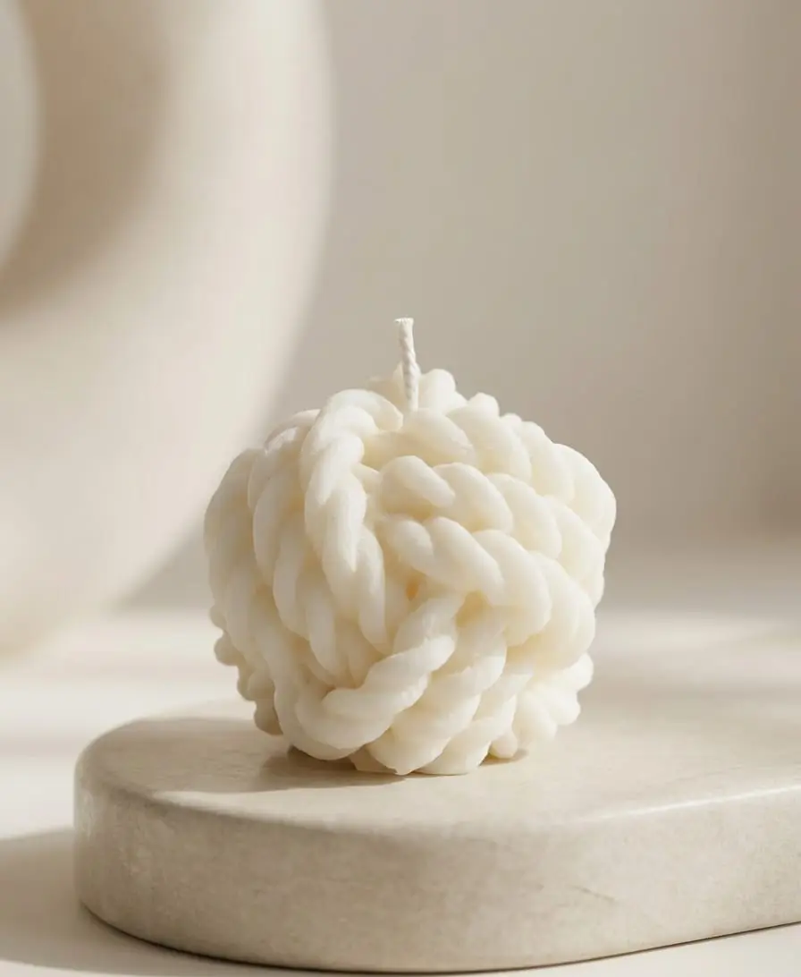 Ivory candle shaped like a knotted ball of chunky twine, on a stone dish