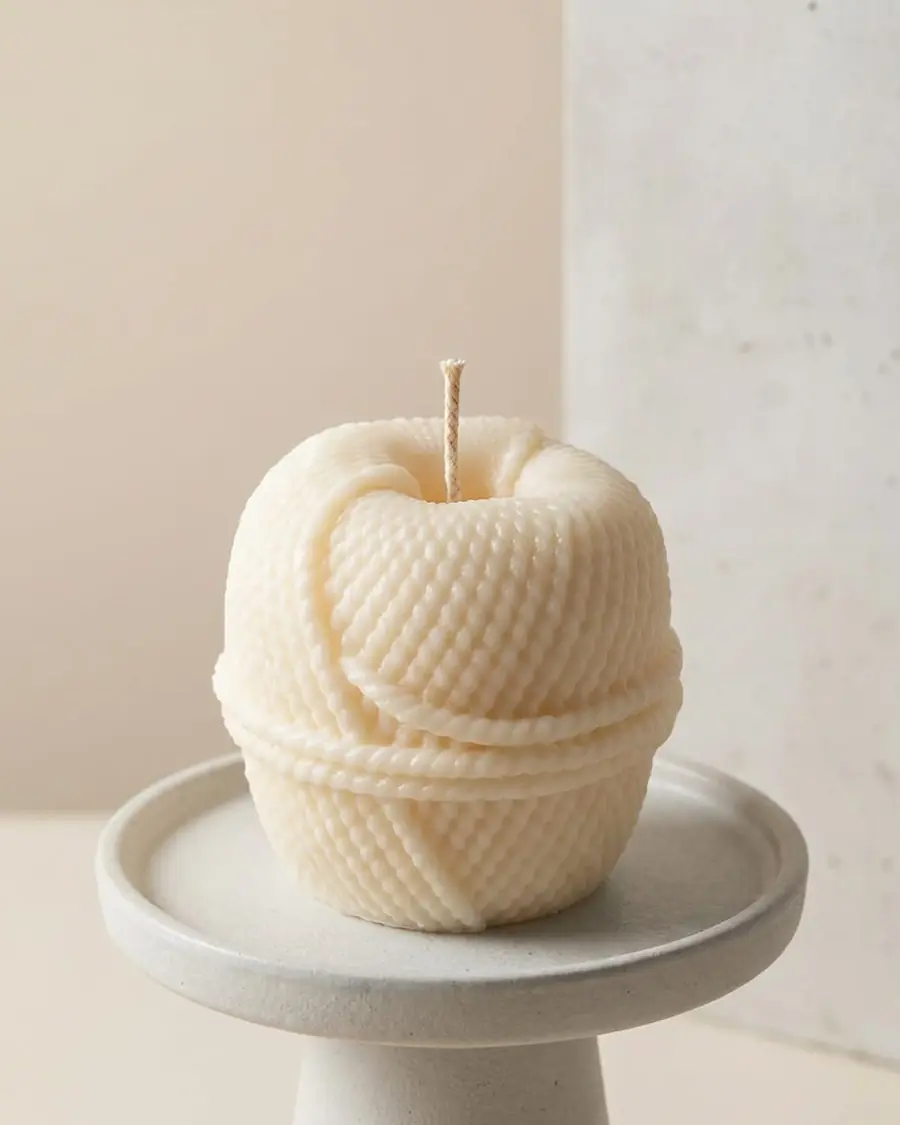 Ivory round candle with a fine knitted texture on a stone stand