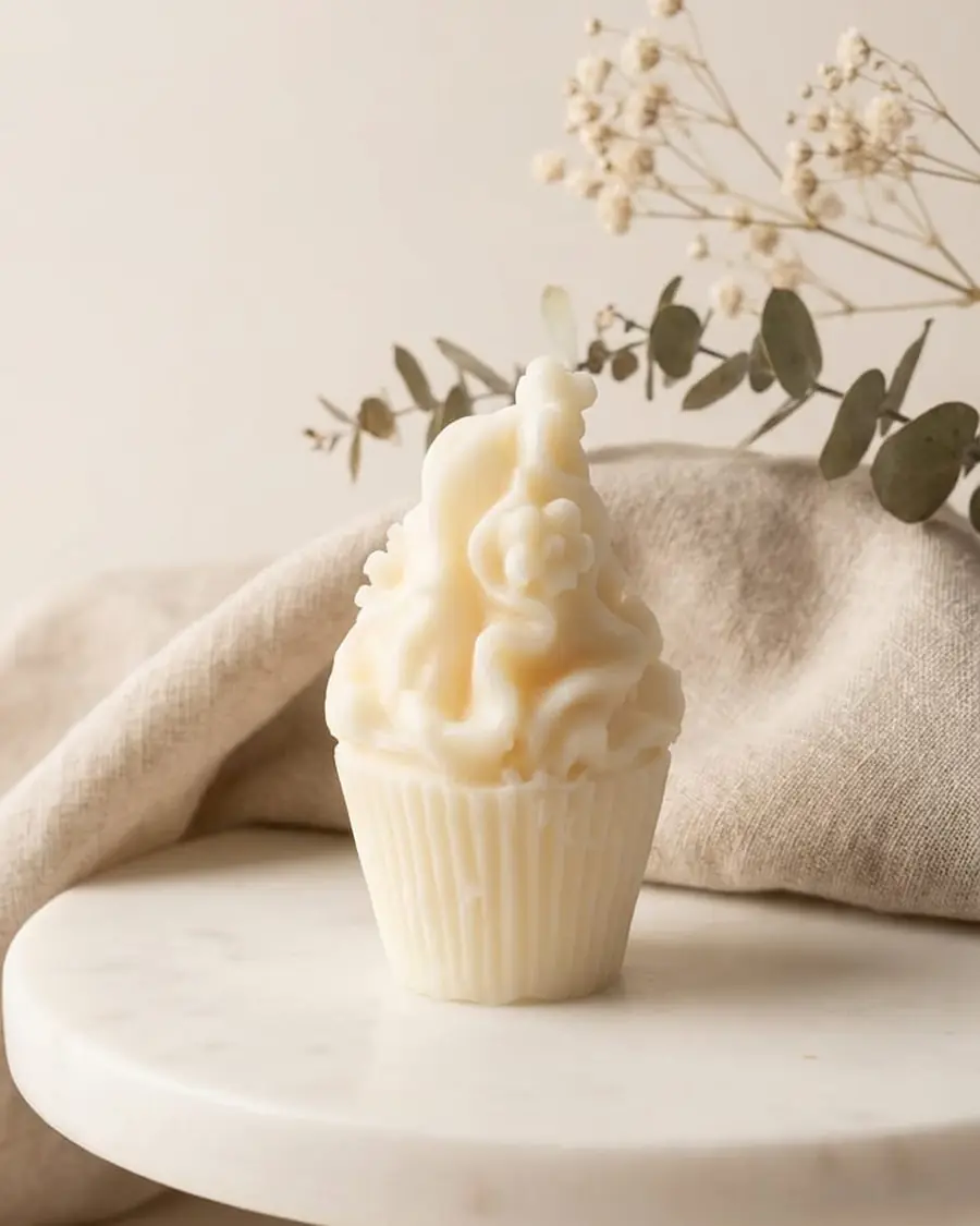 Ivory cupcake candle with swirled icing on a marble cake stand
