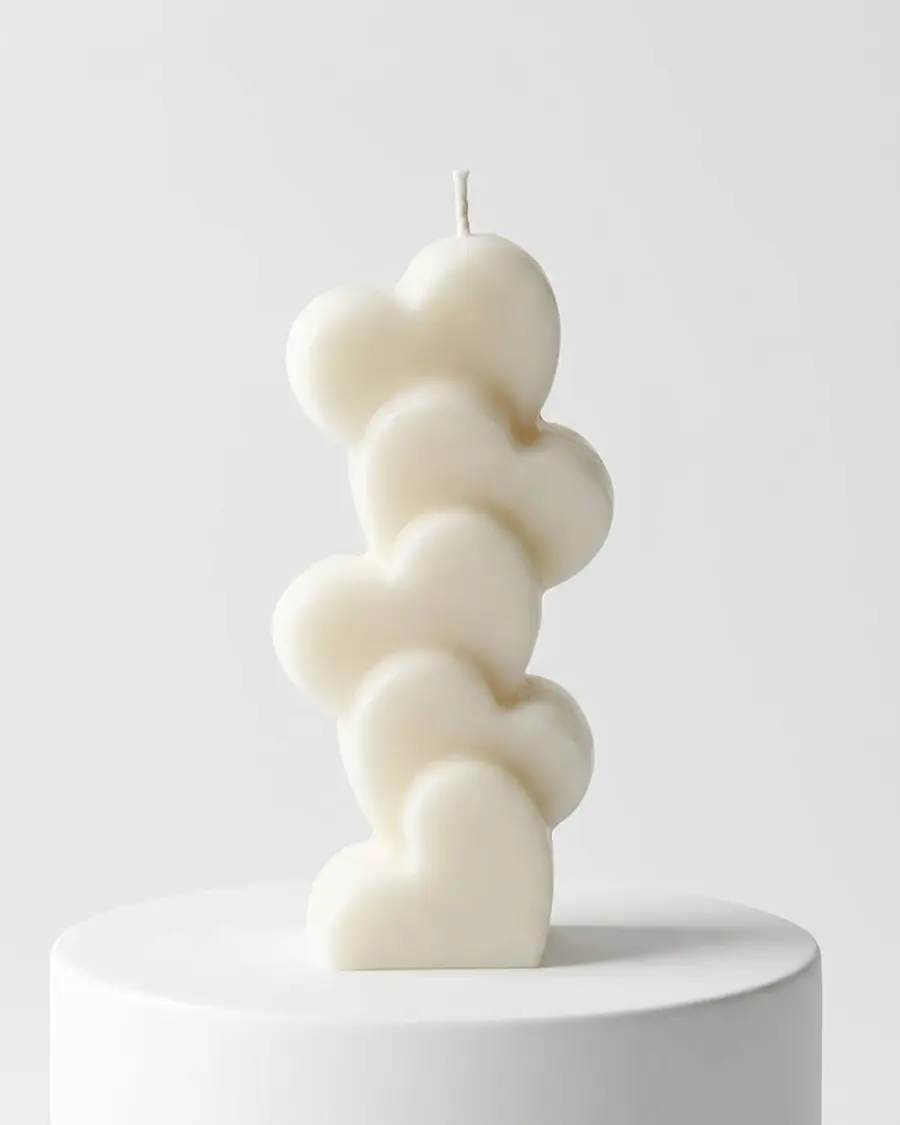 Ivory stacked candle of hearts on a white stand