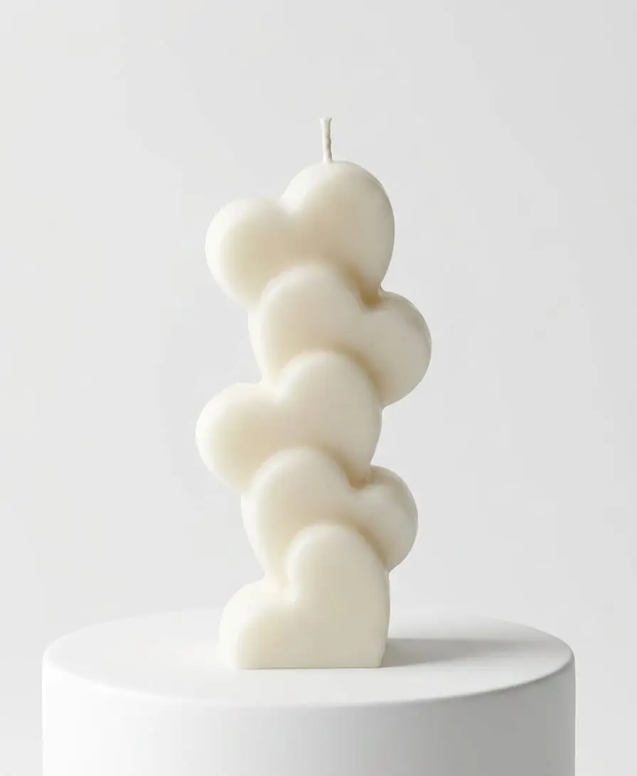 Ivory stacked candle of hearts on a white stand