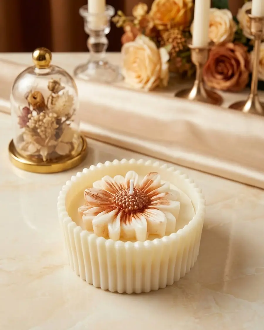 Ivory fluted candle with a bronze-brushed daisy on top, on a marble table