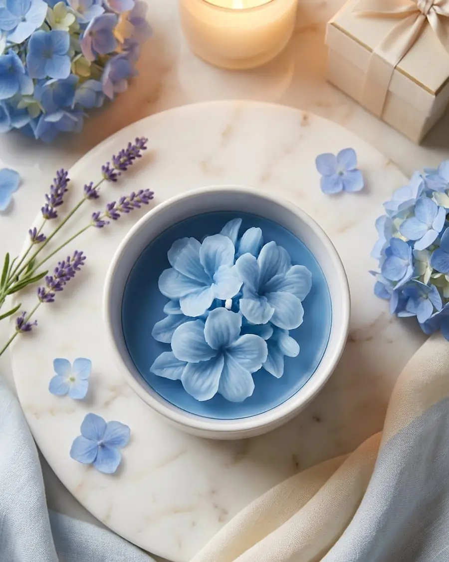 Blue flower candle in a white pot, seen from above with hydrangeas and lavender