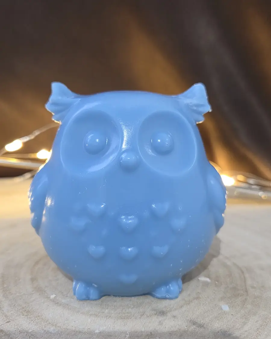 Blue owl candle with big round eyes and hearts on its chest, on a wood slice