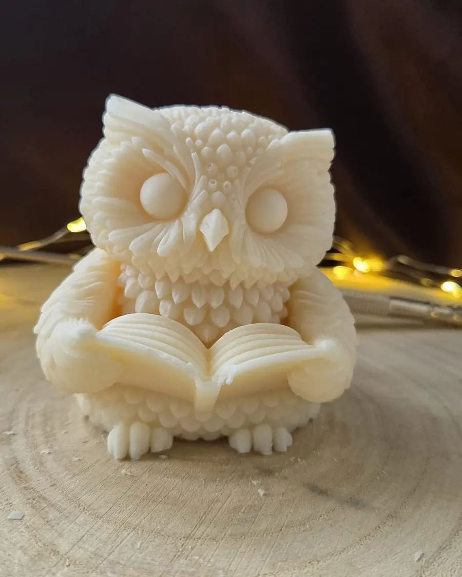 Ivory owl candle holding an open book, fairy lights behind