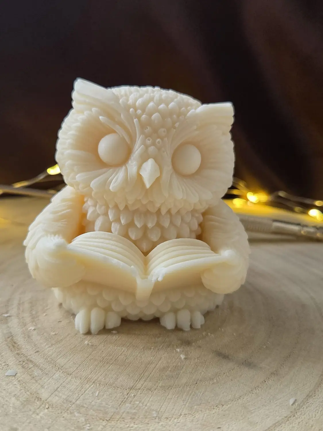Ivory owl candle holding an open book, with fairy lights glowing behind