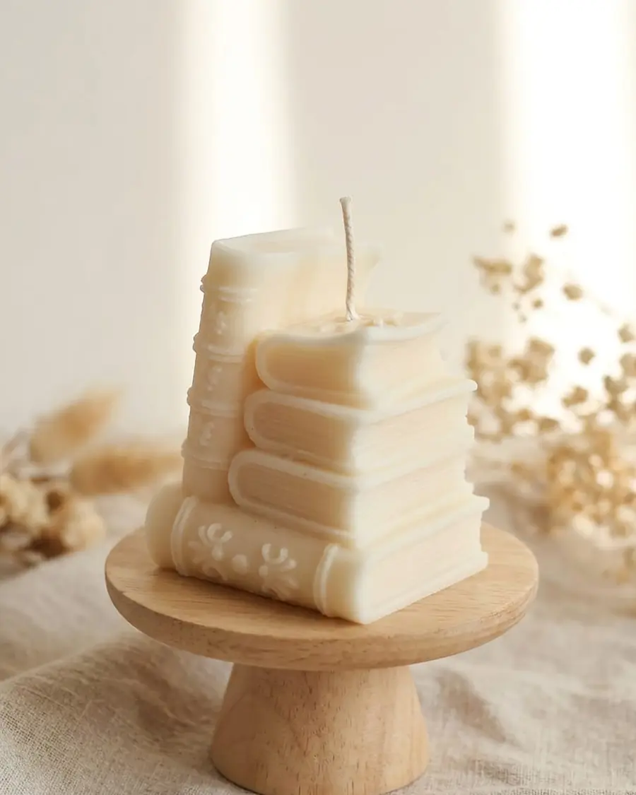 Ivory candle shaped like a pile of books, on a small wooden stand