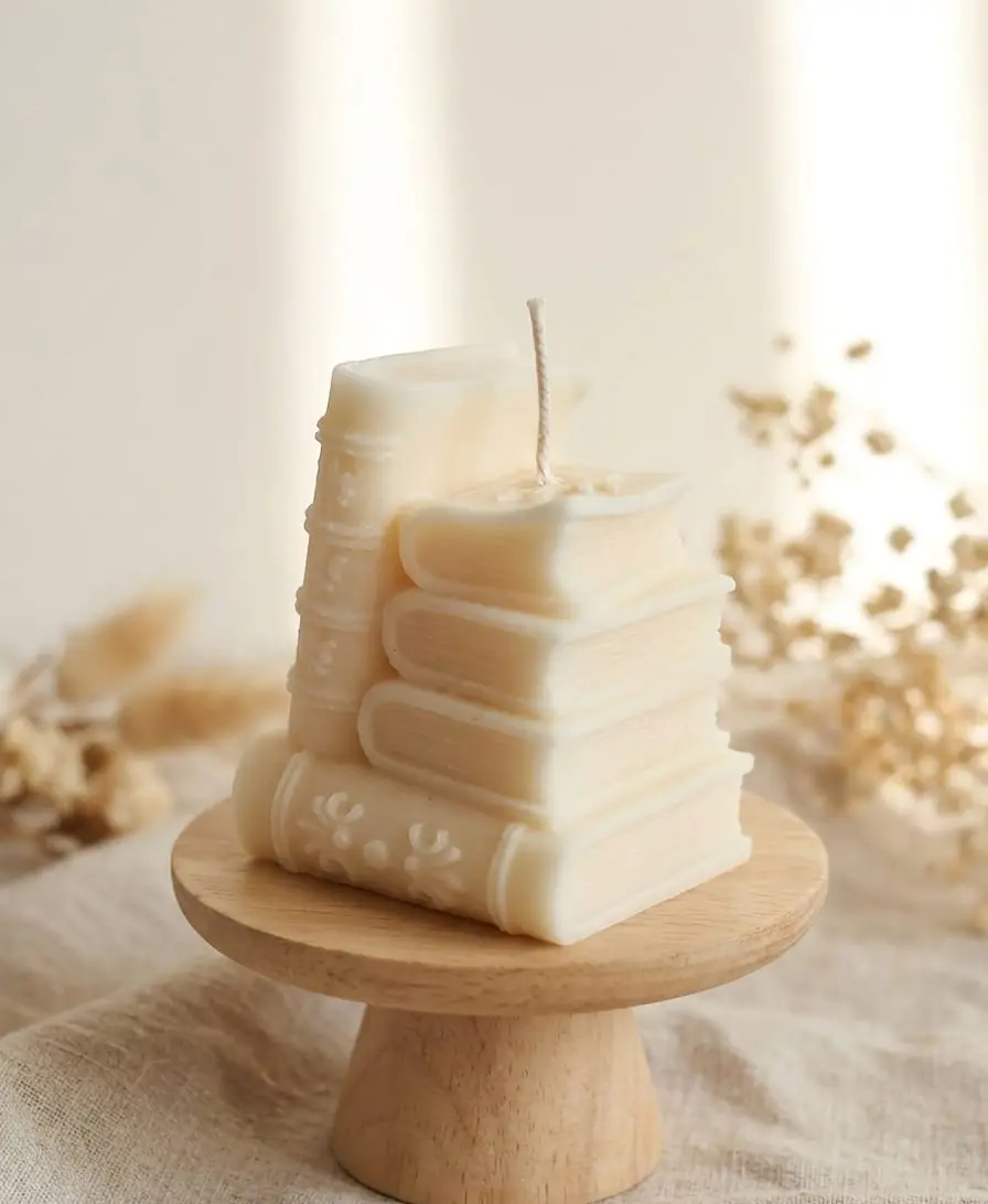 Ivory candle shaped like a pile of books, on a small wooden stand