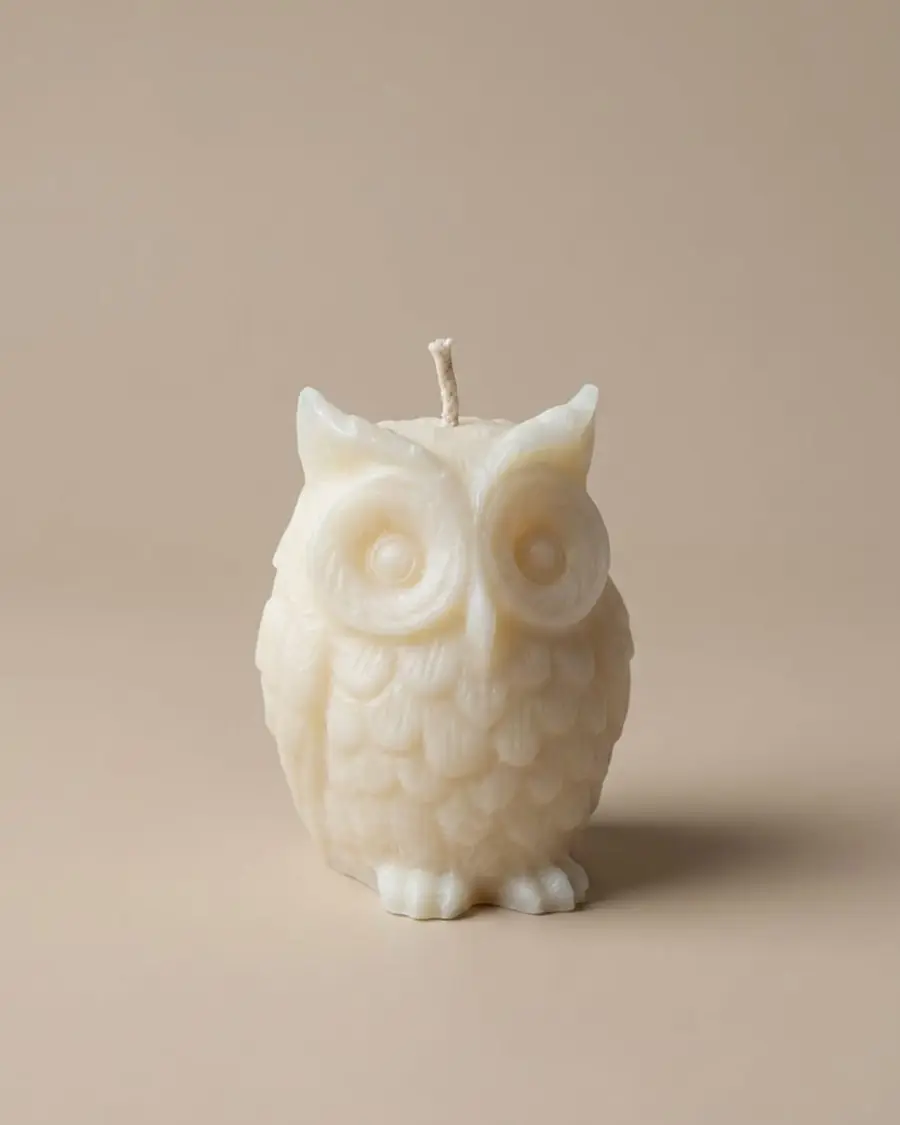 Small ivory owl candle with carved feathers on a plain beige background