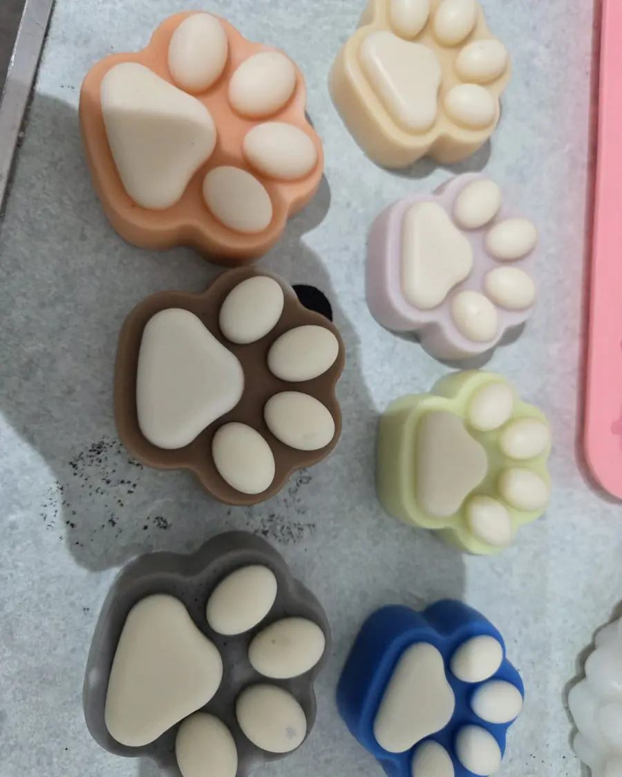 Paw print candles in peach, cream, lilac, brown, green, grey and blue