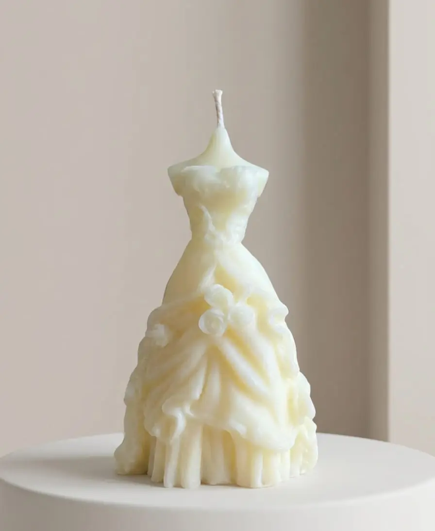 Ivory wedding dress candle with a full ruffled skirt