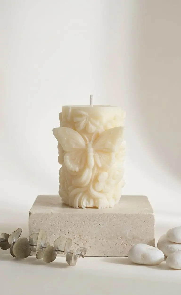 Ivory pillar candle with a butterfly and flowers, on a stone block with eucalyptus
