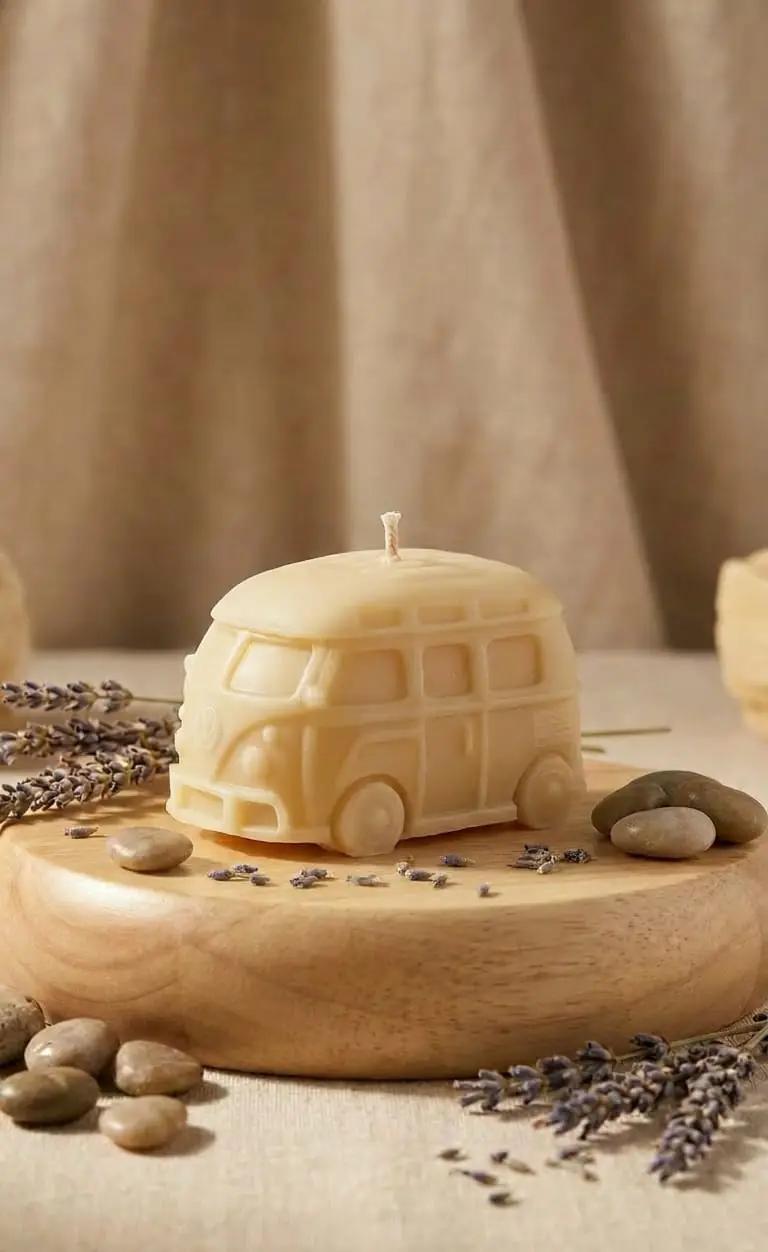 Natural wax camper van candle on a wooden board with pebbles and lavender