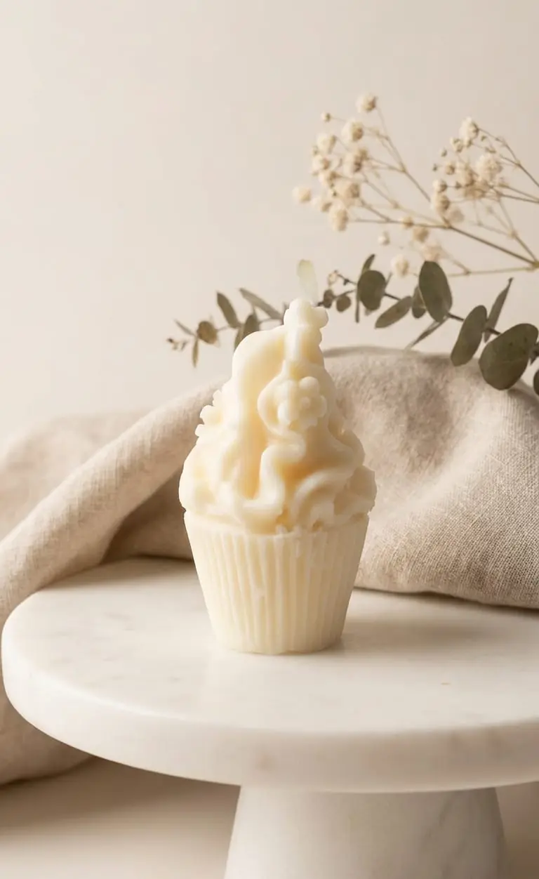 Ivory cupcake candle with swirled icing on a marble cake stand