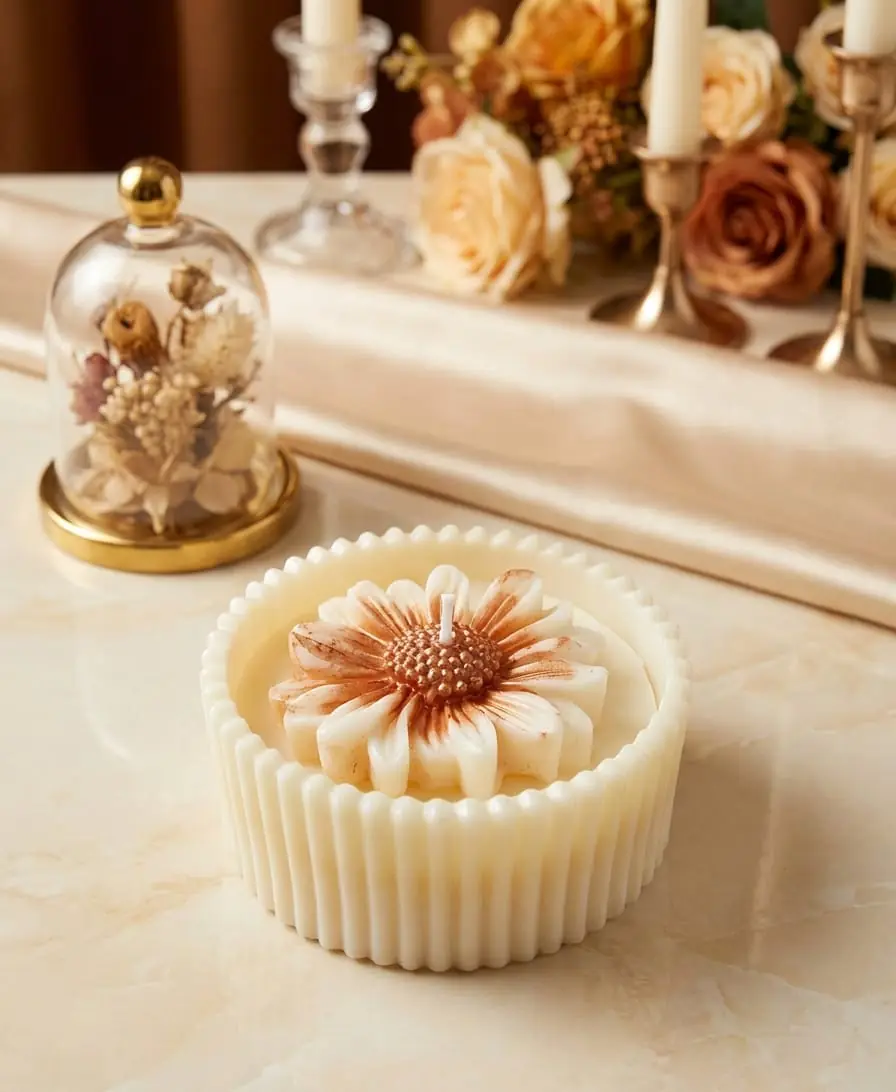 Ivory fluted candle with a bronze-brushed daisy on top, on a marble table