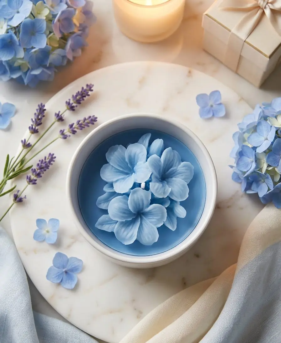Blue flower candle in a white pot, seen from above with hydrangeas and lavender