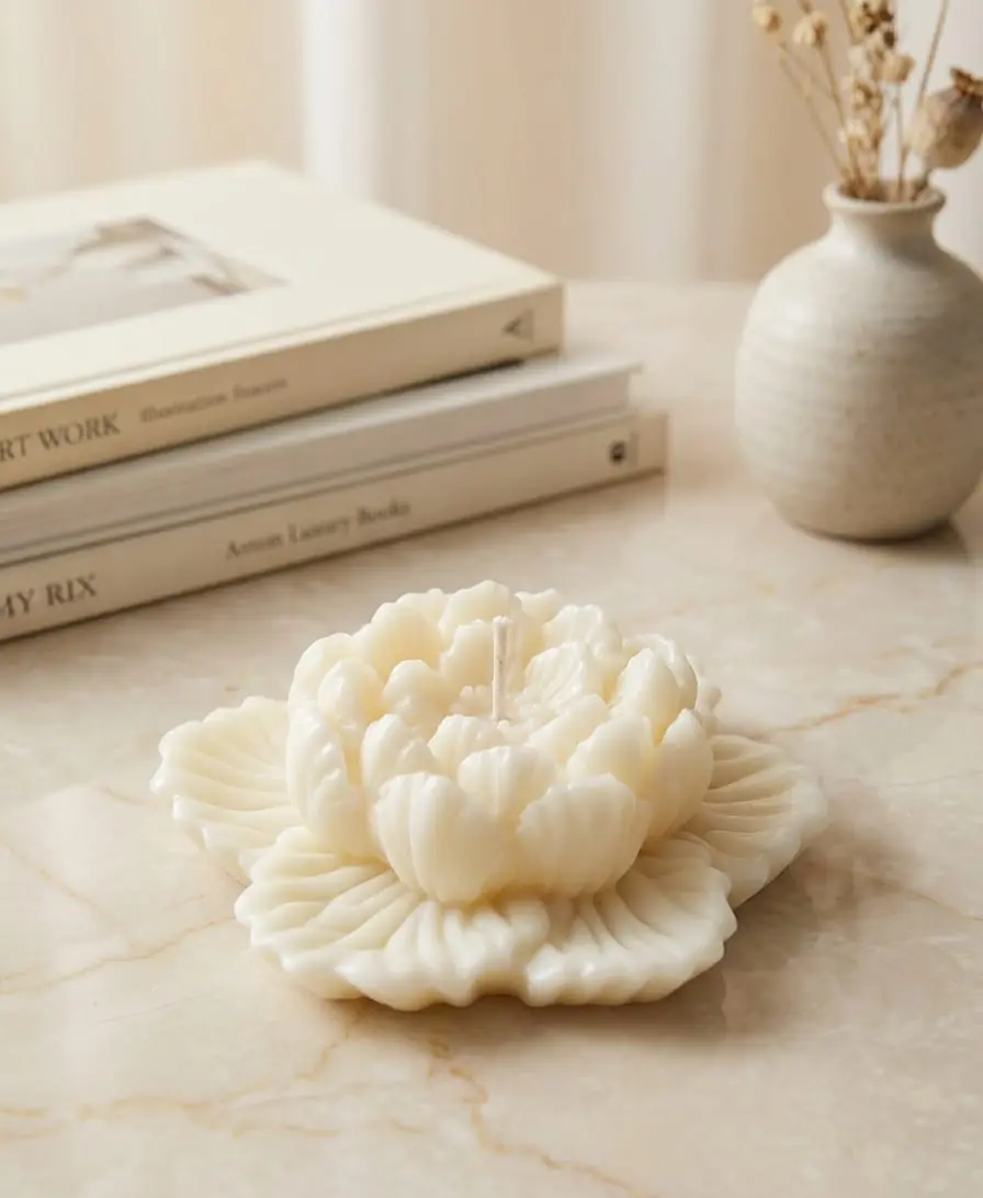 Ivory peony candle on a marble surface, books and a vase behind