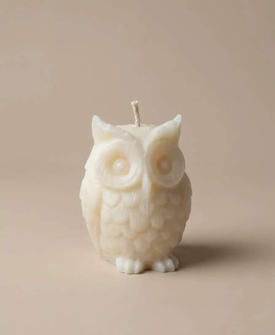Small ivory owl candle with carved feathers on a plain beige background